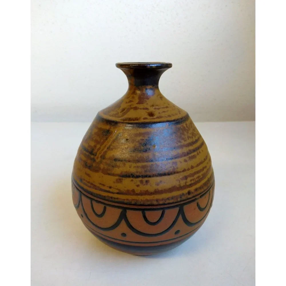 Studio Art Pottery Vase Narrow Neck Brown Stoneware Rustic Southwestern Decor